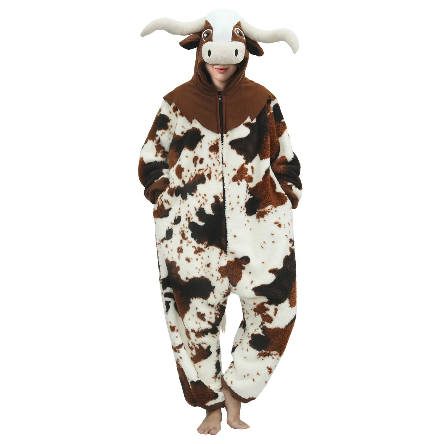 Brown Milk Cow Onesie Adult Pajamas Animal Hooded Jumpsuit Costume for Halloween Animal Themed Cosplay Parties