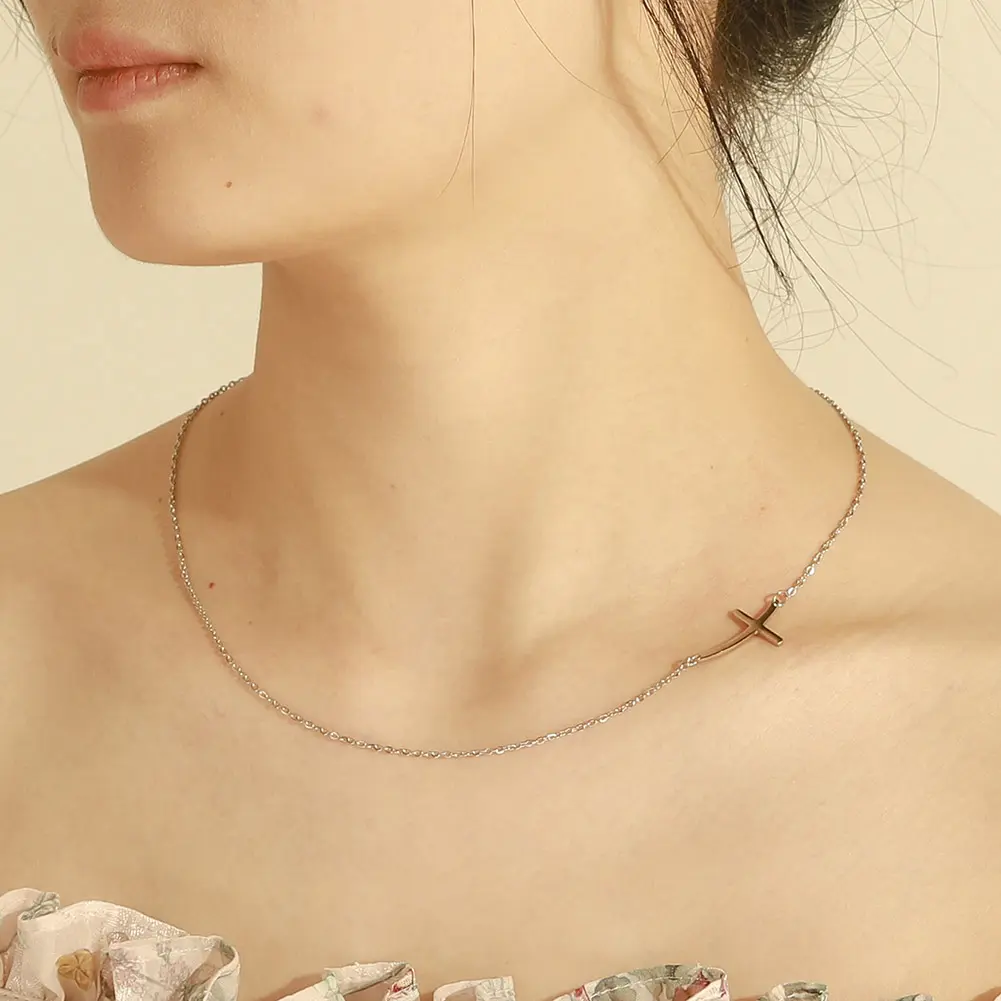 Cazador Dainty Sideways Cross Pendant Necklace Gold Color Stainless Steel Choker Necklaces For Women Christian Faith Jewelry