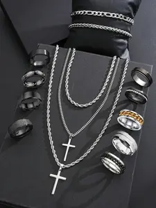 Men's Stainless Steel Vintage Jewelry Set, Punk Style Cross Necklace & Bracelet, Streetwear Accessories for All Seasons, Perfect Gift for Him