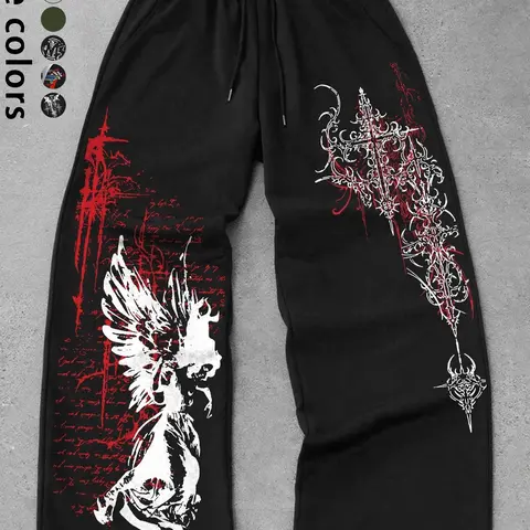 Men's Y2K Street Style Straight Leg Pants, Loose Waistband Joggers, Vintage Hip Hop 90s Retro Geometric Graphic Prints Design, All Season Casual Wear, Casual Streetwear Trousers