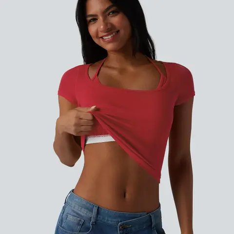 Halara Ribbed Halter Tie Back Built-in Bra Short Sleeve Cropped Casual T-Shirt