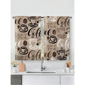 2pcs Coffee Element Printed Kitchen Window Curtain,Without Holes Curtain,Short Curtains,Refer To Bedroom Office Kitchen Living Room Study Home Decor
