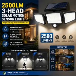 Solar Outdoor Lights 2500LM 210LED Security Lights,3Heads Dimmable SpotLights with 3 Modes,IP65Waterproof,Suitable for Yard, Garage, Porch,Pool,Garden,Barn, Patio,Mother's Day gift