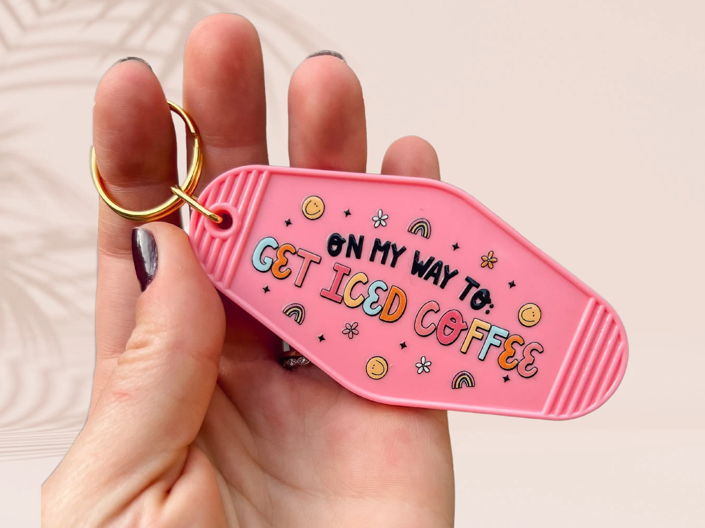 "On My Way to Get Iced Coffee" Motel Keychain in Bubblegum Pink - Gold Key Ring motel  keychain
