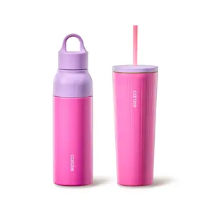 [Official] CAROTE 19 oz One-Click Open Insulated Water Bottle & 21 oz Tumblers with Lid and Straw, Double-Wall Insulated Stainless Steel, Leakproof Lid with Handle, Essential for Travel, School,Rose Pink/Vibrant Blue