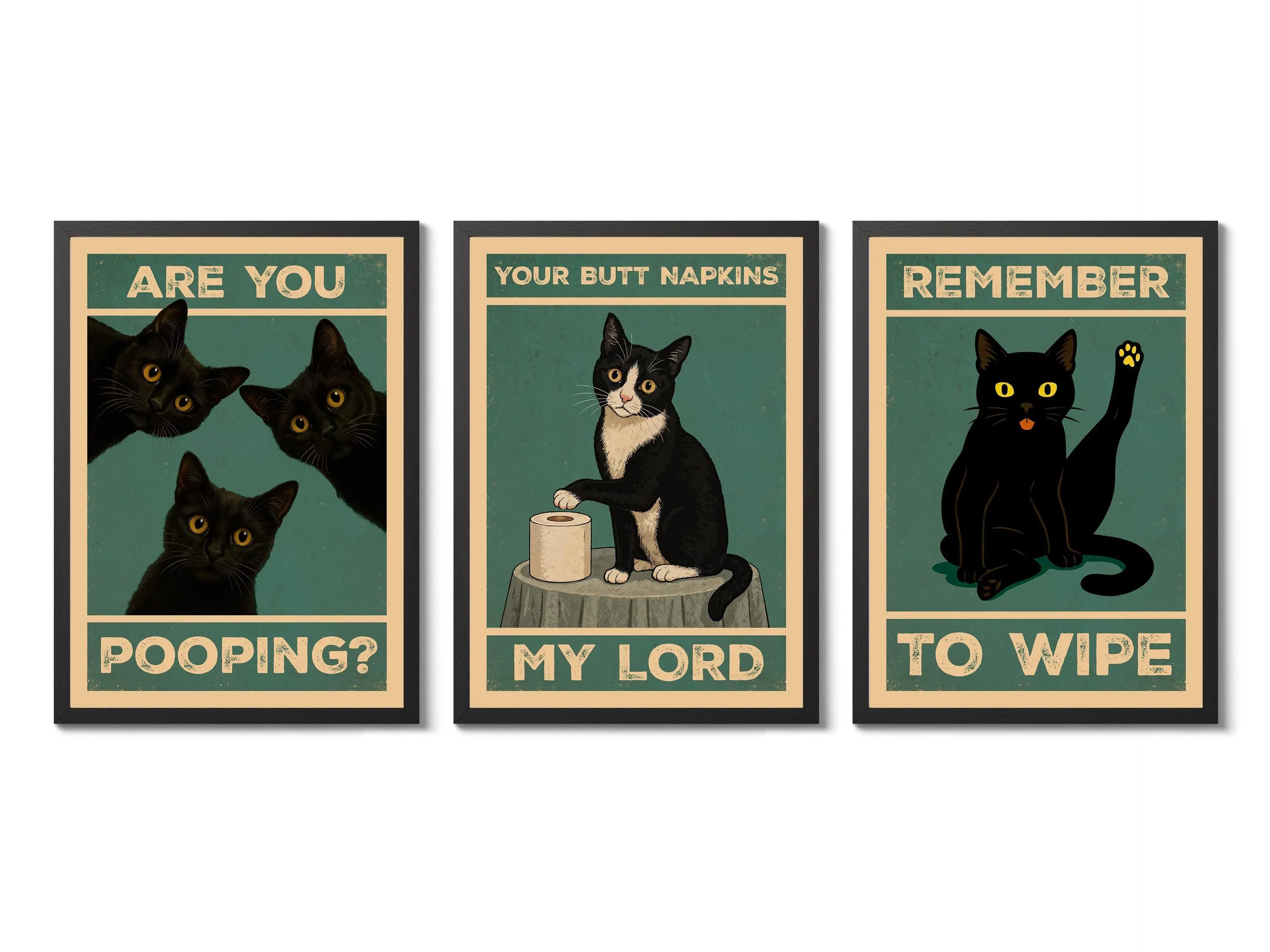 3-Piece Artistic Cat Typography Paper Poster Set - Playful Cartoon Character Framable Wall Art, Decorative Home Decor Prints for Bathroom, Nursery (Gift Option), Kid