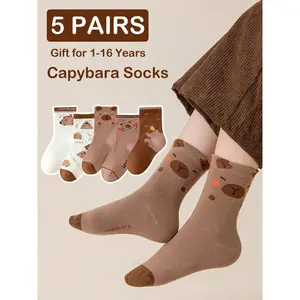 5 Pairs Kids Socks, Cute Water Dolphin Cartoon Mid-Calf Socks, School Socks, Travel Essentials, Comfortable Soft Breathable, Unisex, Capybara Socks