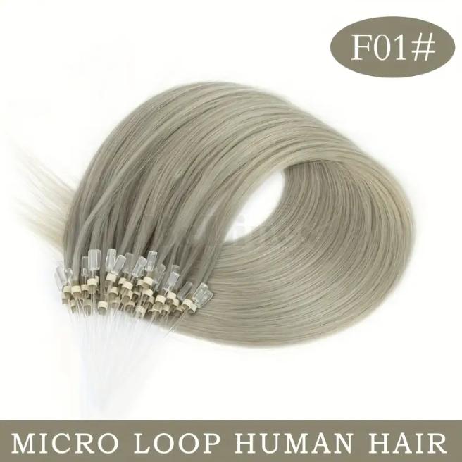 50pcs 30g Micro Loop Human Hair Extensions, Natural Straight, No Glue Easy Install, Vibrant Red Pink Green Blue Purple Gray, 12-28 Inches for Women Daily & Festive Hairstyles