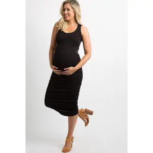 Black Solid Ruched Fitted Maternity Bodycon Midi Dress