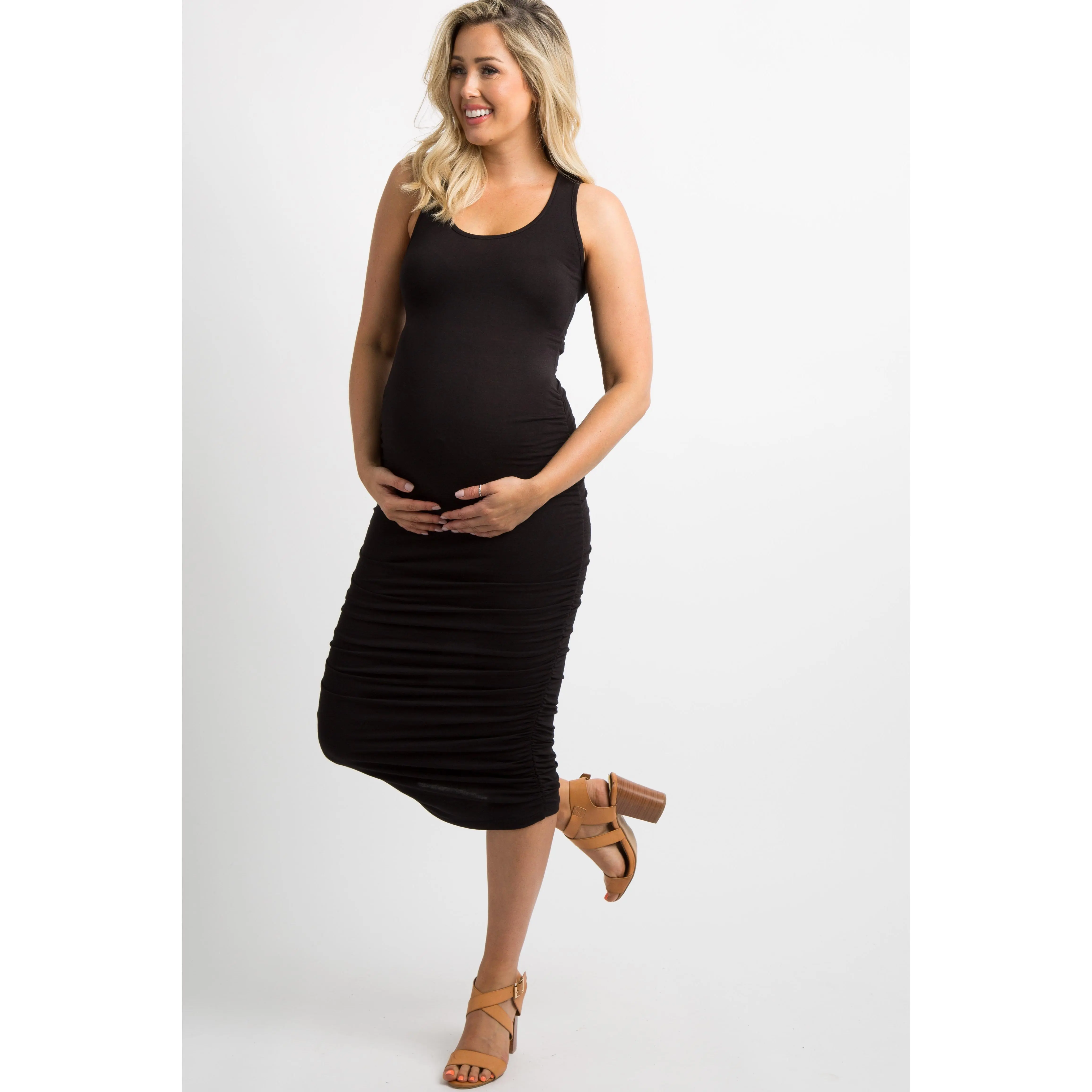 Black Solid Ruched Fitted Maternity Bodycon Midi Dress - TikTok Shop