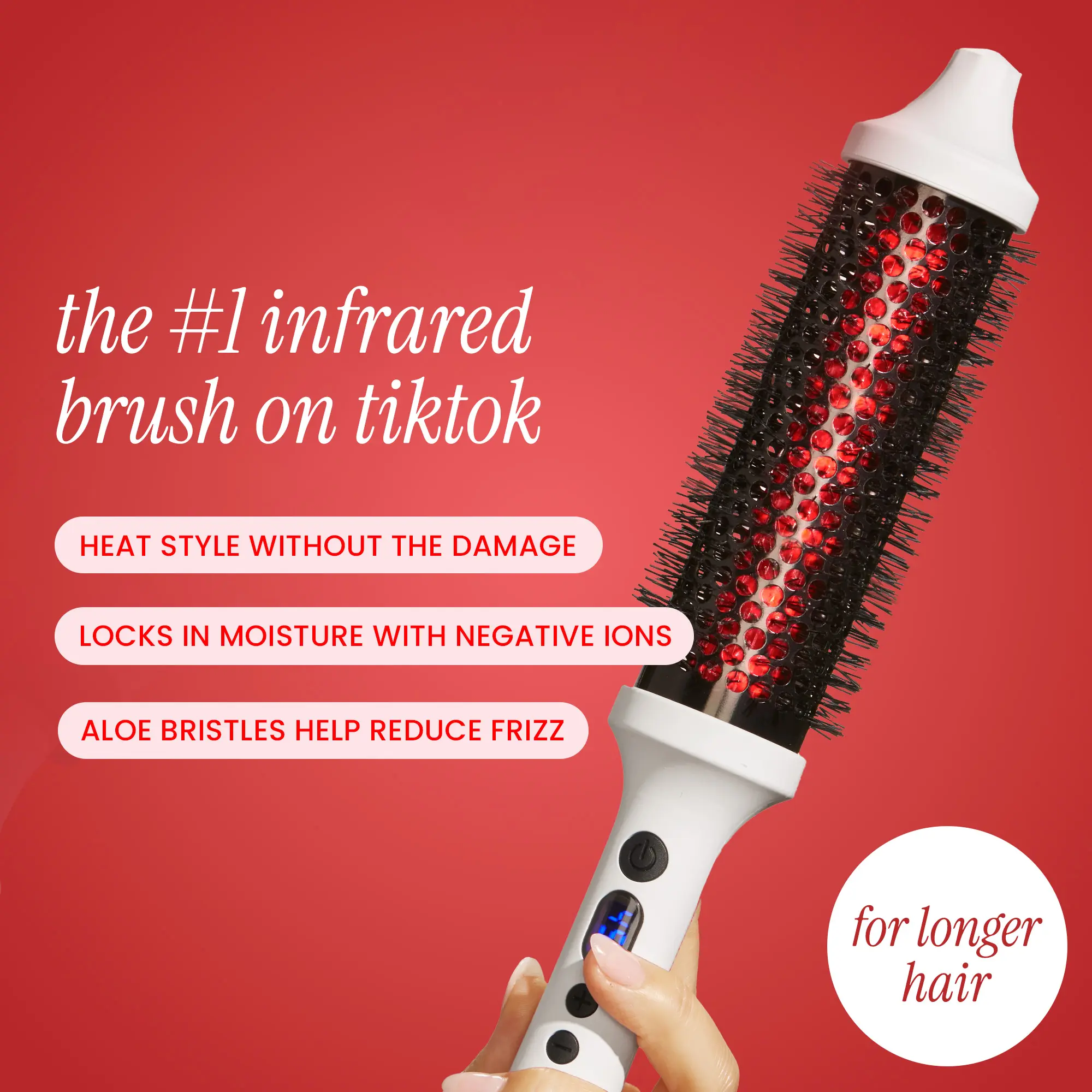 Long Barrel Infrared Thermal Brush for Frizz-Free, Red Light for Less Damage, Extended Barrel for Long Hair