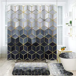 4Pcs Blue Gradient Shower Curtain Set Modern Geometric Shower Curtain Set Golden Cubic Lines Bathroom Set (Blue)