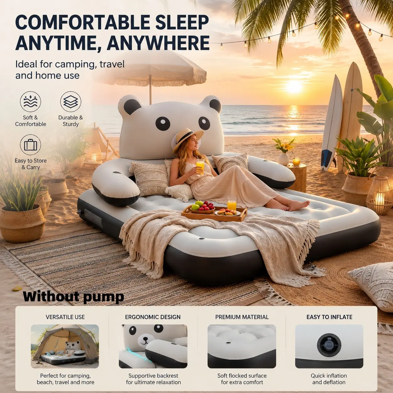Cute bear's detachable backrest, pillow and cup holder inflatable air mattress-cute photo props for indoor and outdoor use of portable air-blowing sofa bed, camping, garden, back-to-school season travel bed, gift-inflatable furniture