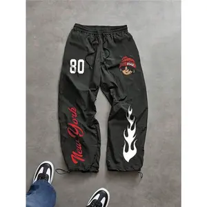 Men's Casual Letter Print Drawstring Waist Baggy Sports Pants, Fall Breathable Comfortable Slacks for Gym, Casual Wear