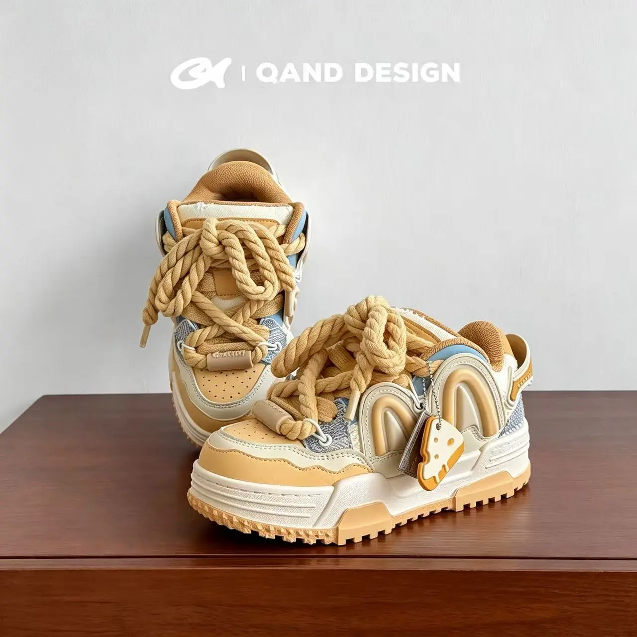Q-AND 2026 New Cheese Yellow Women's Shoes - Low Top Chunky Sneakers with Thick Laces, Fabric Build, Ankle-Cut Design, Knot Detail, Cute Cheese Pendant, Lightweight Casual Daily Street Wear Trainers