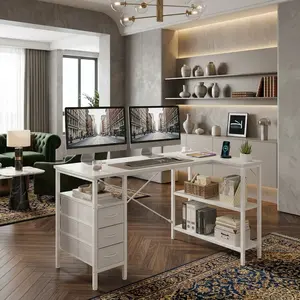 Home Office L-Shape Corner Computer Desk White Gaming Workstation Table With Power Outlet Storage Drawers Removable Shelves For Study Reading Game Playing