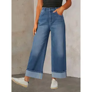 NewHigh Waisted Multiple Pockets Rolled Hem Wide Leg Washed Stretchy Casual Jeans Womenswear Bottom Fit Pants Trouser Button