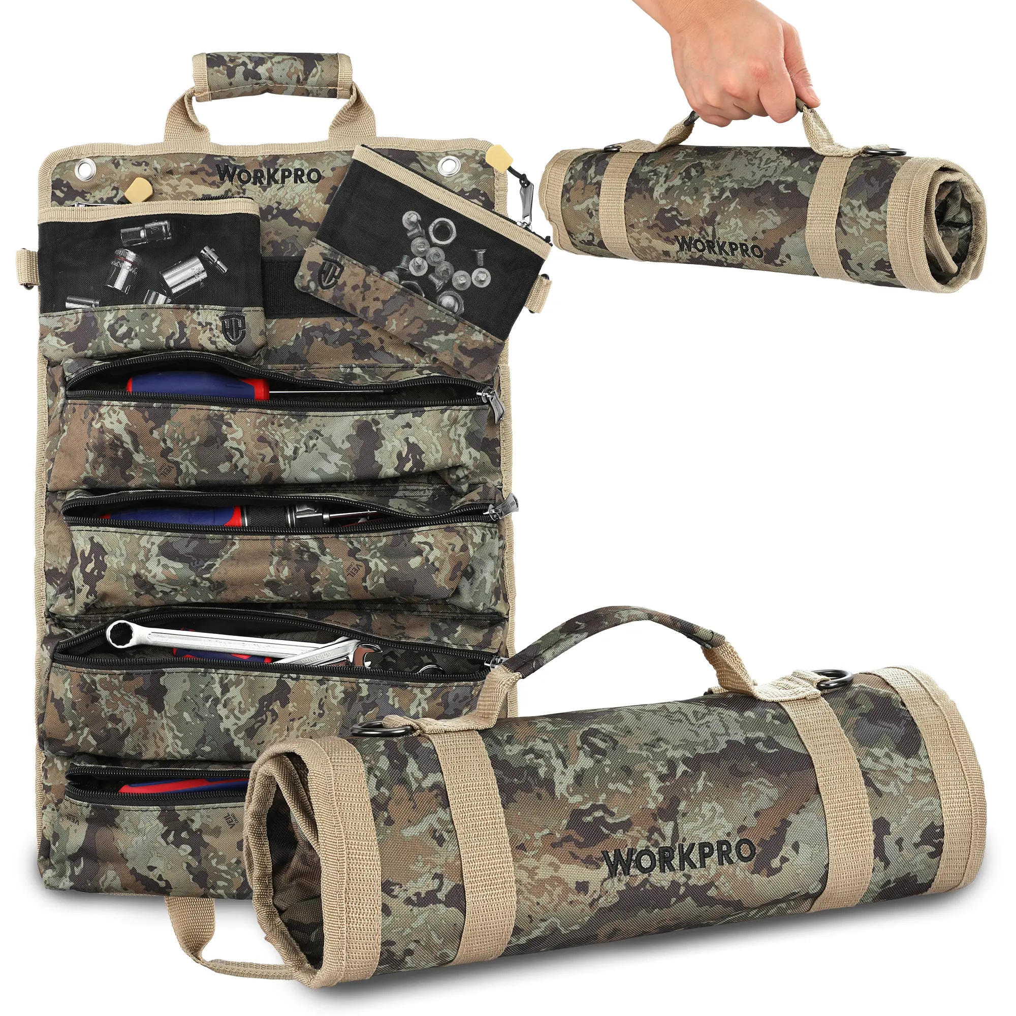 #Summersales WORKPRO Roll Tool Bag with Detachable Pouches, Heavy Duty Organizer - 6 Pockets, for Mechanics, Electricians, Plumbers & Carpenters