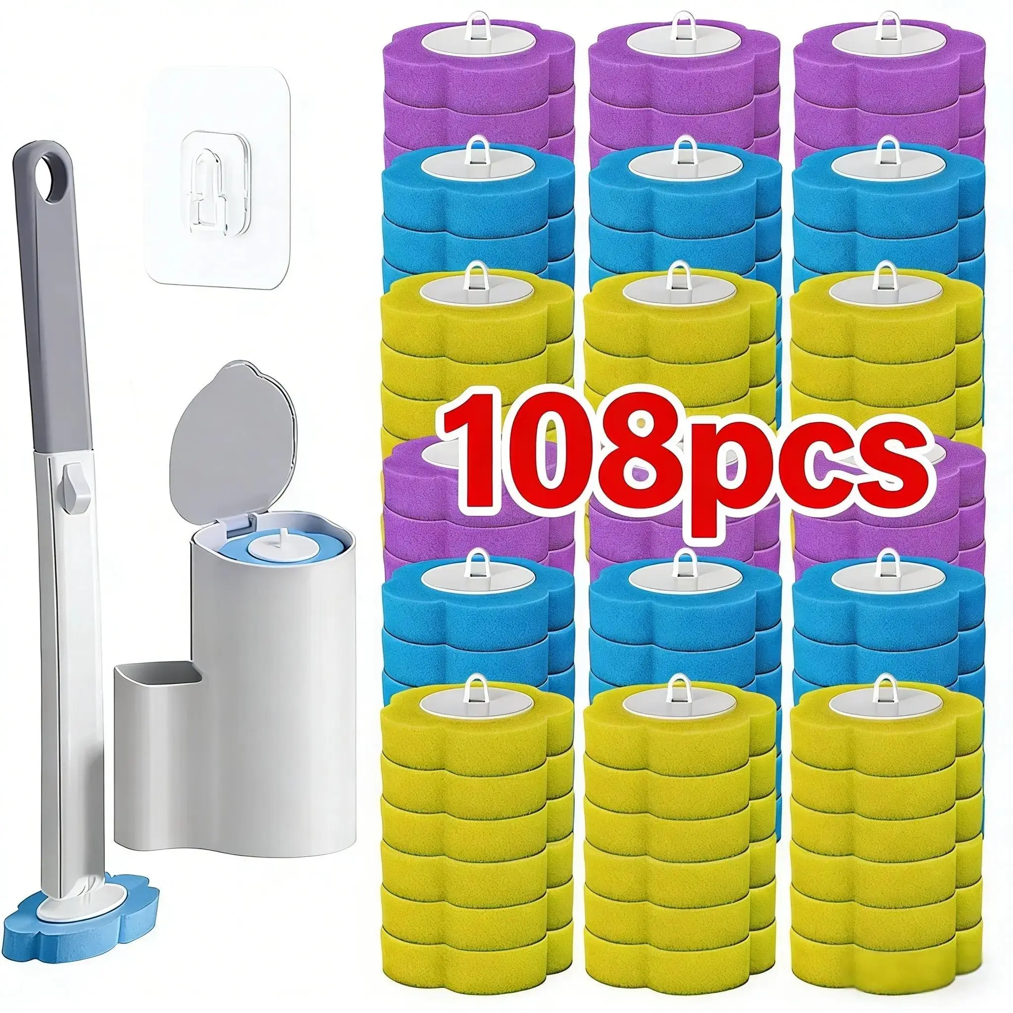 Disposable Toilet Brush Set with Toilet Wand Refills, 108/54 Replacement Heads & Bases, Wall-Mounted or Floor-Mounted for Convenient Bathroom Cleaning