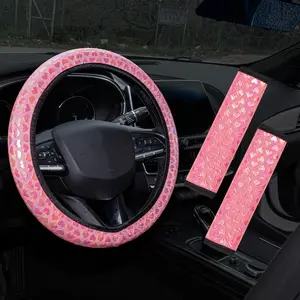 3pcs Leather Heart Design Car Steering Wheel Cover Set, Valentine Series Safety Belt Shoulder Pads, All-Season Anti-Slip Wear-Resistant, Cute Car Accessories, Girly Car Accessories, Aesthetic Car Accessory