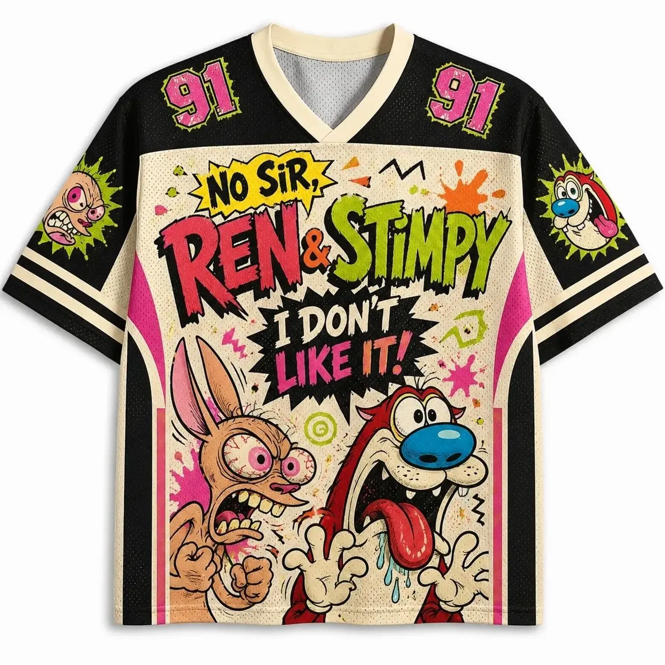 The Ren & Stimpy Show TV Drama Jersey Shirts → The Ren & Stimpy Show TV Drama Jersey Shirts, Retro Cartoon Baseball Jersey, 90s Animation Mesh Sports Shirt, Vintage TV Fan Jersey, Unisex Streetwear BHR