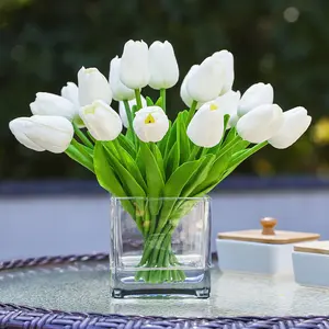 Enova Floral 20 Pieces Artificial Real Touch Tulips Flower Arrangement in Cube Glass Vase With Faux Water