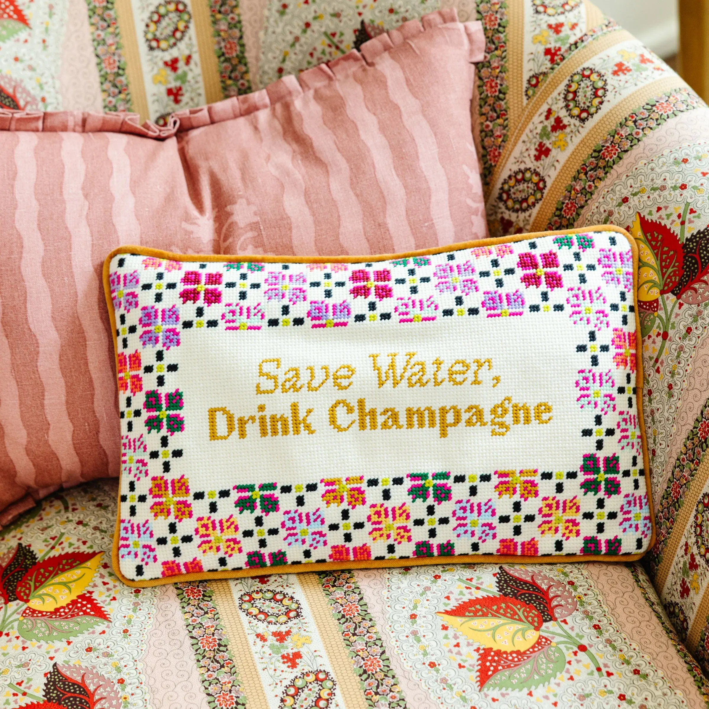 Velvet Embroidery Needlepoint Pillow, 9"x15", Bold Color Design, Playful Luxury Style, "Drink Champagne" Uniquely-You Saying Decorative Pillow for Home Accents
