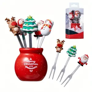Christmas ceramic fruit forks stainless steel 5-piece set creative mini cute fork holder perfect salad utensils ideal holiday gift