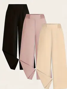 Three-piece set women's high-waist elastic textured wide-leg cropped pants, Casual lounge pants, made of lightweight, drapey, breathable fabric, loose fit for comfort and flattering leg silhouette, suitable for daily commuting, casual shopping
