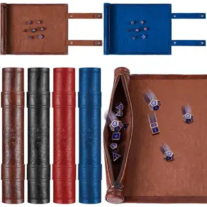 4 Pcs Dice Mat Tray Rolling Mat with Zipper PU Leather Folding Scroll Bag Holder Polyhedral Dice Storage Table Christmas Game Accessories Black Red Blue Brown