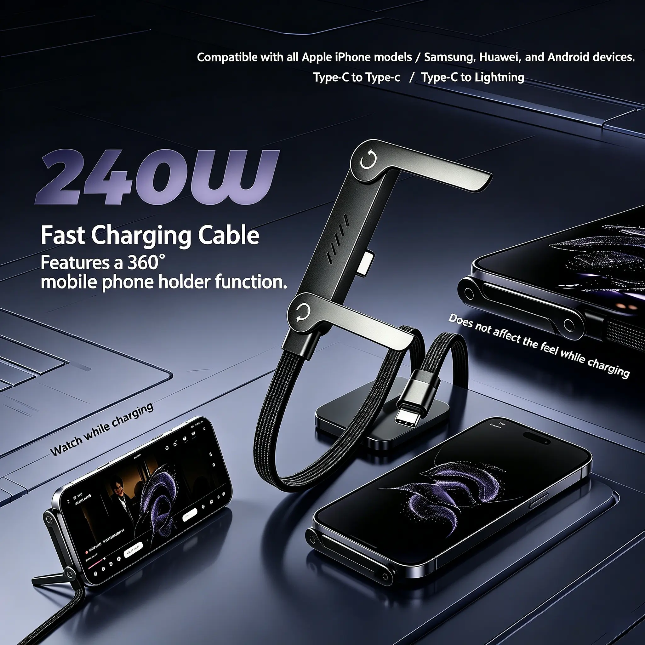 2-in-1 Portable Fast Charger Plug - 240W Ultra-Fast Charging, 1.5m Cable, Built-in Concealed Desktop Stand, Dual Connector Interfaces, Widely Compatible with Smartphone, Mobile & Electronic Devices, Ideal for Travel & Daily Use
