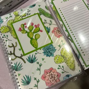 Boxed Stationery Christmas Gift Set Includes Journal To Do List & Notepad with Cactus Design in White Box with Clear Top