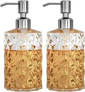 Soap Dispenser - 2 Pack, 12 Oz Clear Diamond Design Glass Refillable Hand Soap Dispensers; with 304 Rust Proof Stainless Steel Pump, Lotion Dispensers for Kitchen, Bathroom