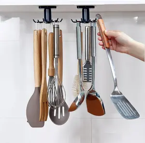 HQahnekme 2pcs 360 °Rotation Utility Hooks,Under Cabinet Kitchen Hooks,Nail Free Adhesive Kitchen Utensils Hanging Hooks for Kitchen Utensils/Tools/Towel/Knife(Black)