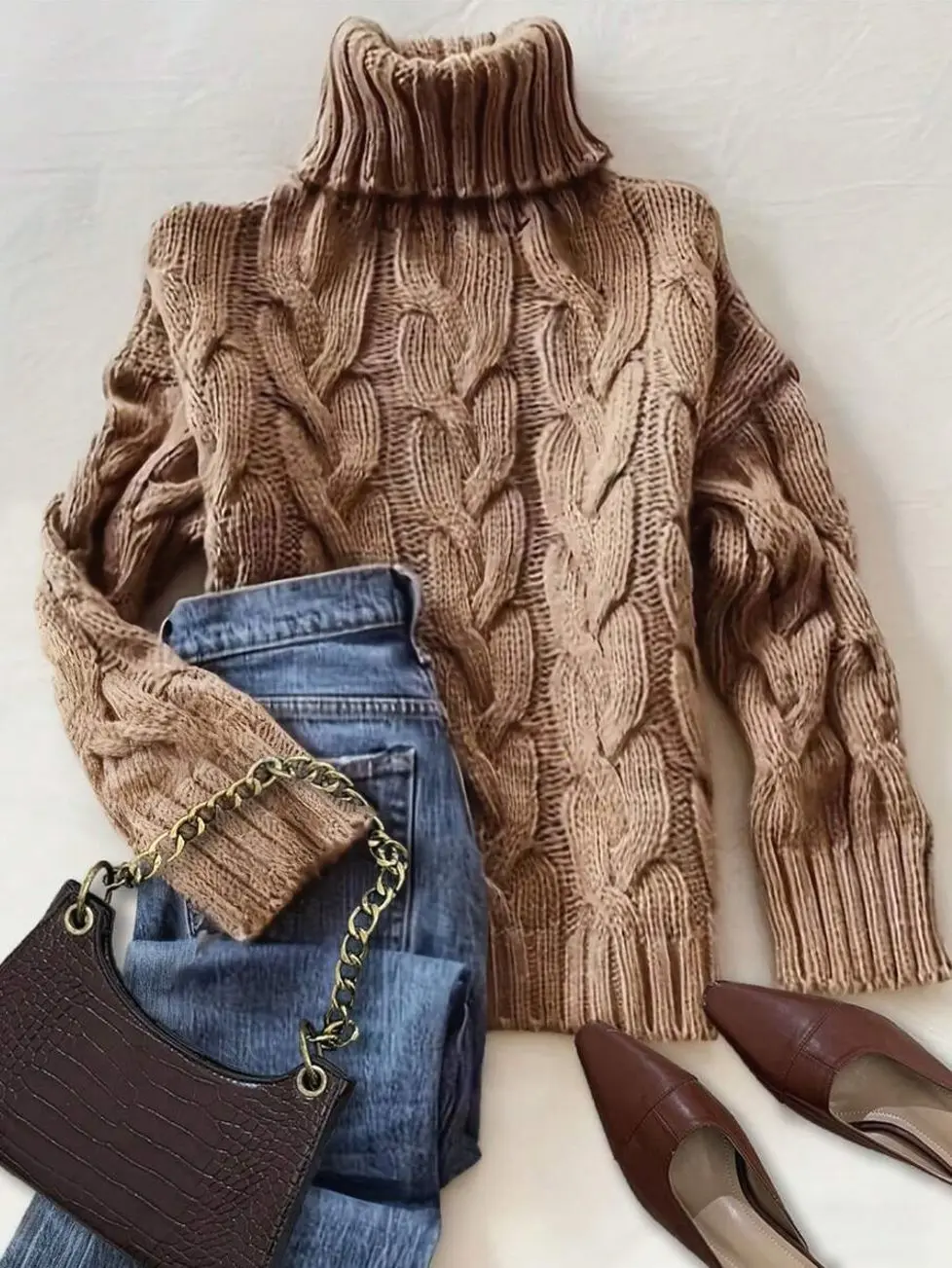 Women's Cable Knit Turtleneck Sweater, Thick Twisted Rope Pullover, Long Sleeve Autumn Winter Fashion, Cozy Casual Office Wear, Brown