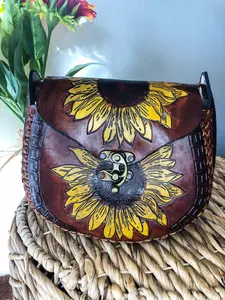 Hand-Tooled Brown Genuine Leather Artesenal Sunflower Crossbody/Shoulder Purse