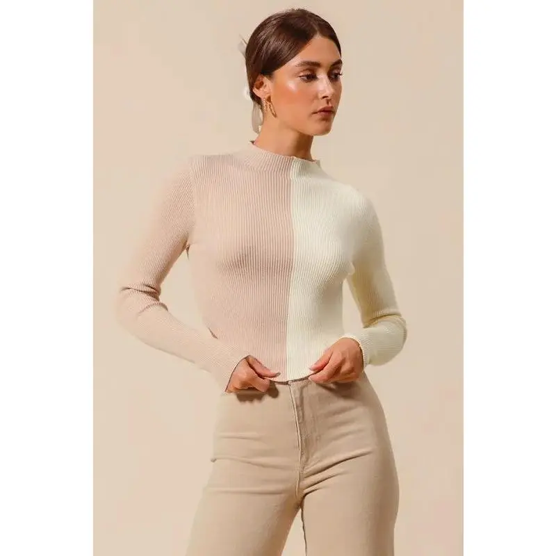 Women's Sweater, Minimalist Vibe Color Block Crop Pullover - Long Sleeve High Neck Ribbed Rayon Blend Knit, Garment, Nylon, Casual, Elegant, Knitwear, Piece, Seamless, Stretchy, Comfortable, Tops, Form Fitting, Ribbed Knit