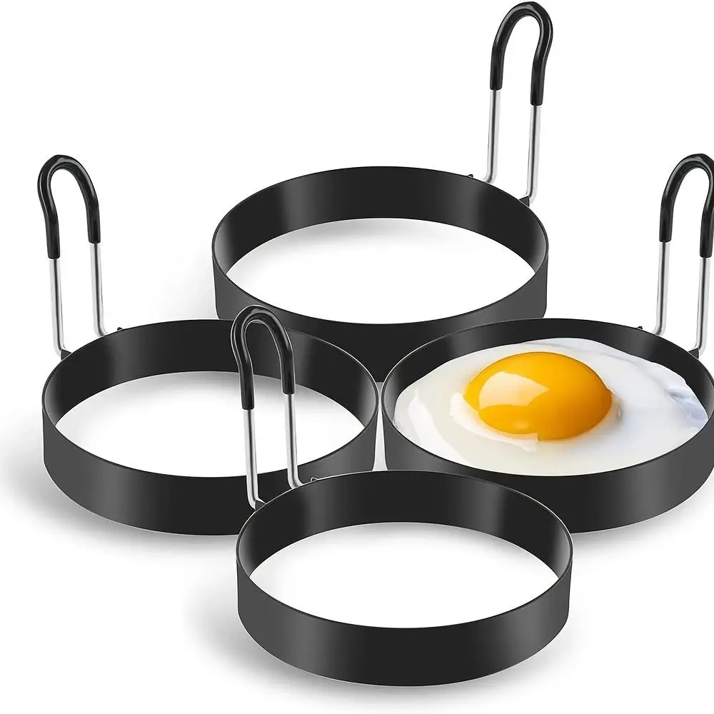Stainless Steel Egg Ring, 4counts/set Round Egg Ring for Frying with Silicone Handle, Egg Ring for Griddle Breakfast Cooking, Fried Burger Patty Ring