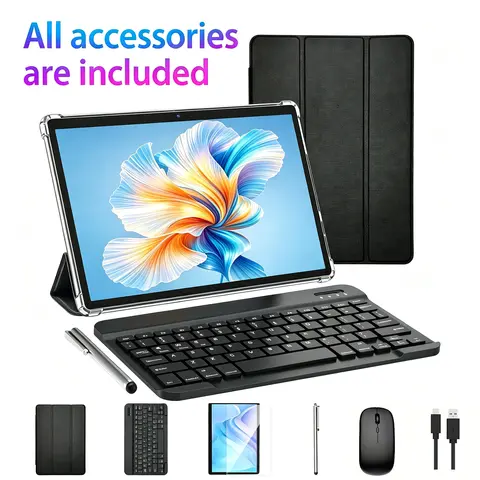 10.1-inch Android tablet, equipped with an accessory kit (keyboard, mouse, protective case, stylus), 4GB RAM + 32GB storage, 4000mAh battery, and supports up to 128GB SD card, suitable for study and work.