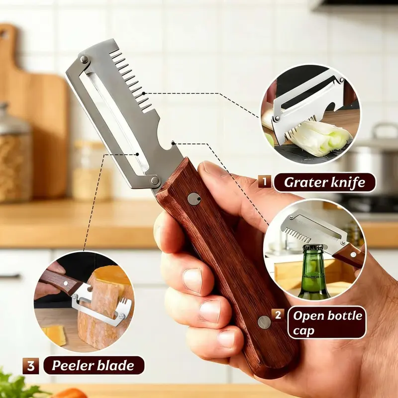 Multifunctional Vegetable Peeler，With wooden handle & bottle opener and grater 3 in 1 kitchen gadgets for potatoes pumpkinsp garlic sugarcane pineapples carrots and other vegetables or fruits
