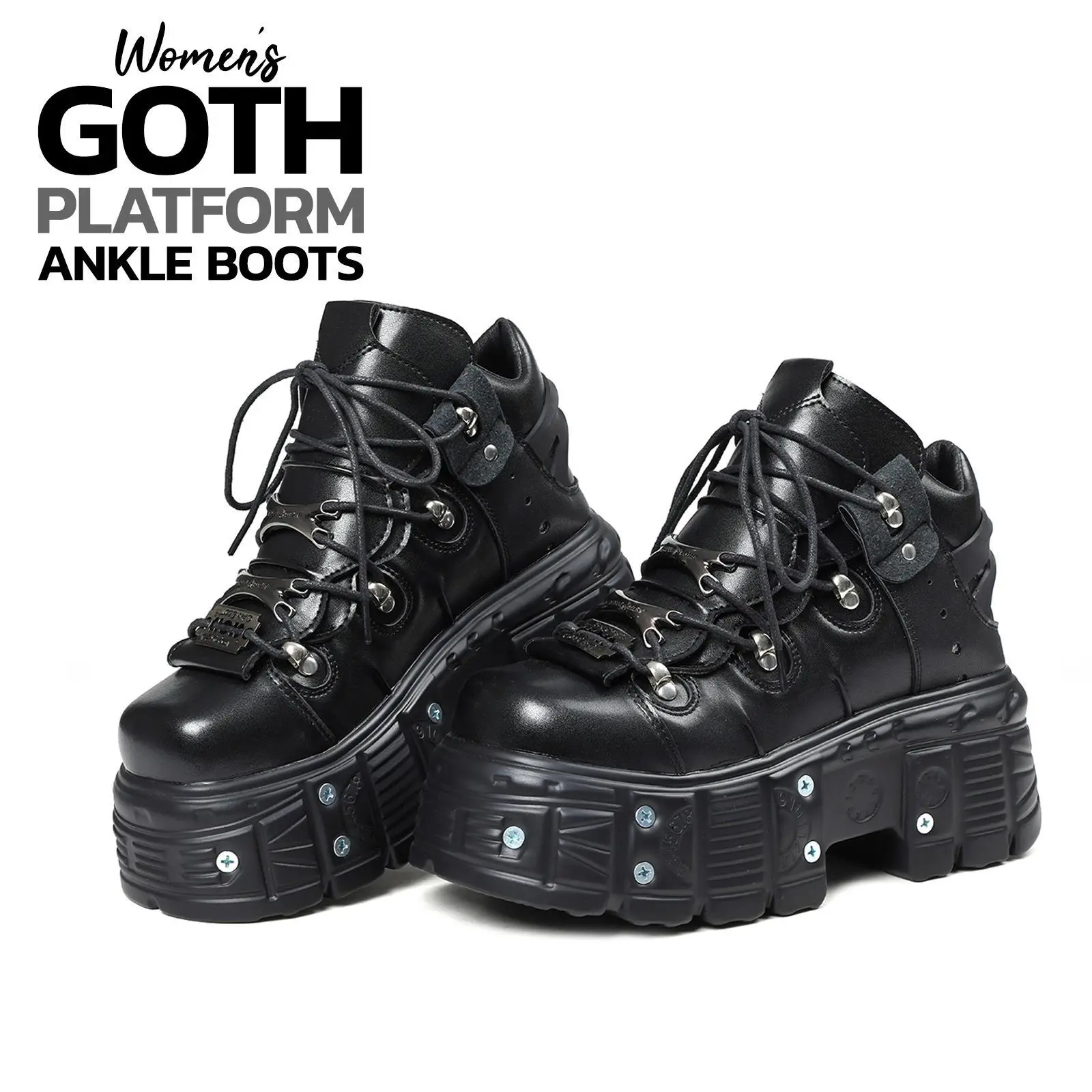 Womens Ankle Boots Round Toe Chunky Block High Heel Lace Up Metal Studs Fashion Retro Punk Rock Goth Combat Street Style Casual Party Rave Concert Club Event Motorcycle Comfortable Shoes