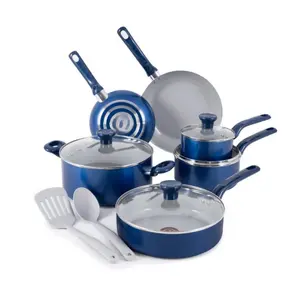 12 Piece Non Stick Ceramic Cookware Set, Blue - Ideal Bakeware for Easy Preparation Lid Oven