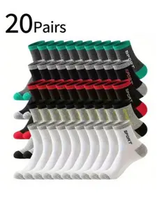 20 Pairs Men's Socks, Youth Letter Colorblock Mid-Calf, Sweat-Wicking Odor-Resistant, Fashionable Patchwork Design, All Seasons, Soft Comfort