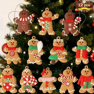 (Set of twelve) Christmas decorations - PVC soft rubber gingerbread men, snowmen, hanging ornaments, DIY accessories for snowy scene decoration