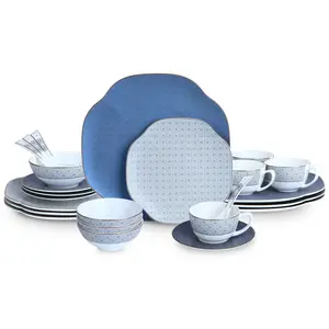 Blue 24 Piece Porcelain Dinnerware Set,Bone china for 4, Plates and Bowls Sets With Grid pattern, Highly Chip and Crack Resistant | Dishwasher Safe Dishes Set (Deep Blue + Grid) dinnerware set