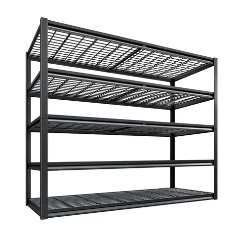 Raybee Extra Large All-Metal Wire Garage Shelf Organizer - 5-Tier Adjustable Height Heavy Capacity Unit with Double Columns, 8 Support Ribs, Anti-Tipping Kits, Floor Pads, Assembly Kit Shelving & Storage for Garage, Books