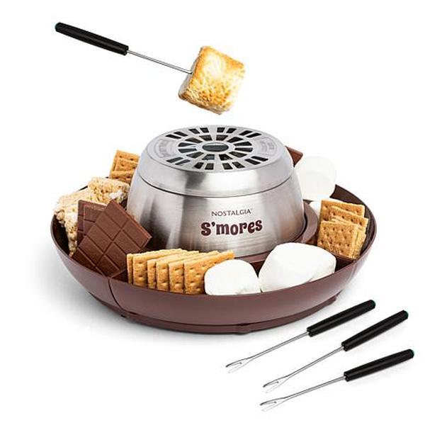Nostalgia NLSM4BR Indoor Electric Stainless Steel S'mores Maker with 4 Lazy Susan Compartment Trays