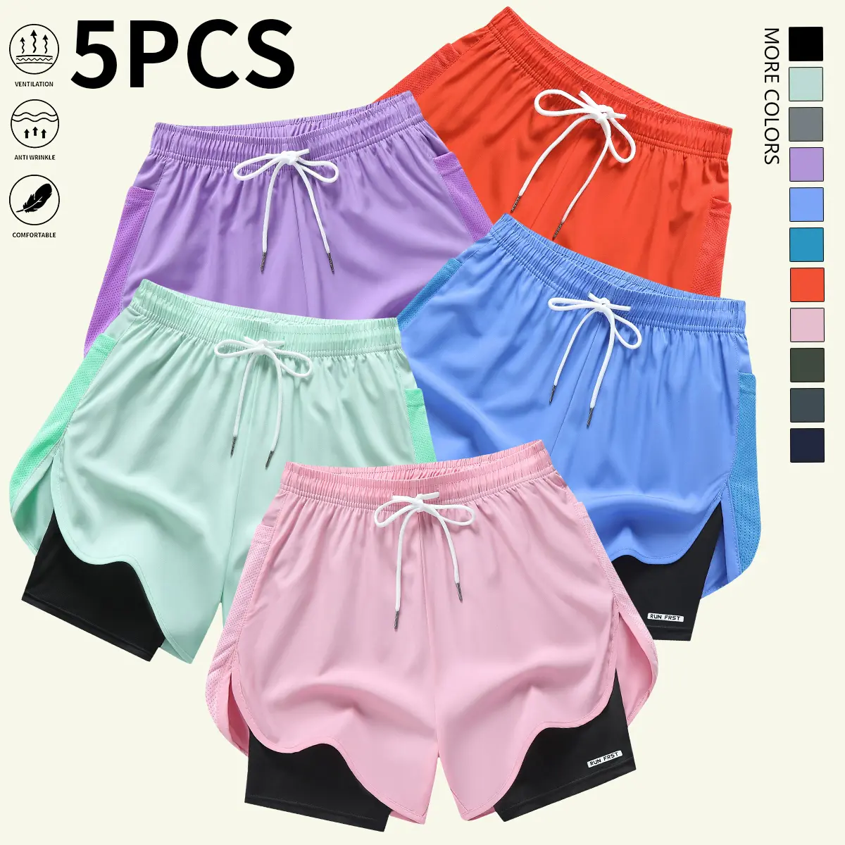 Pack of 5 women’s casual athletic shorts, solid color, faux two-piece design with built-in liner, elastic drawstring waistband, suitable for outdoor fitness, running, sports, and casual wear; women’s shorts