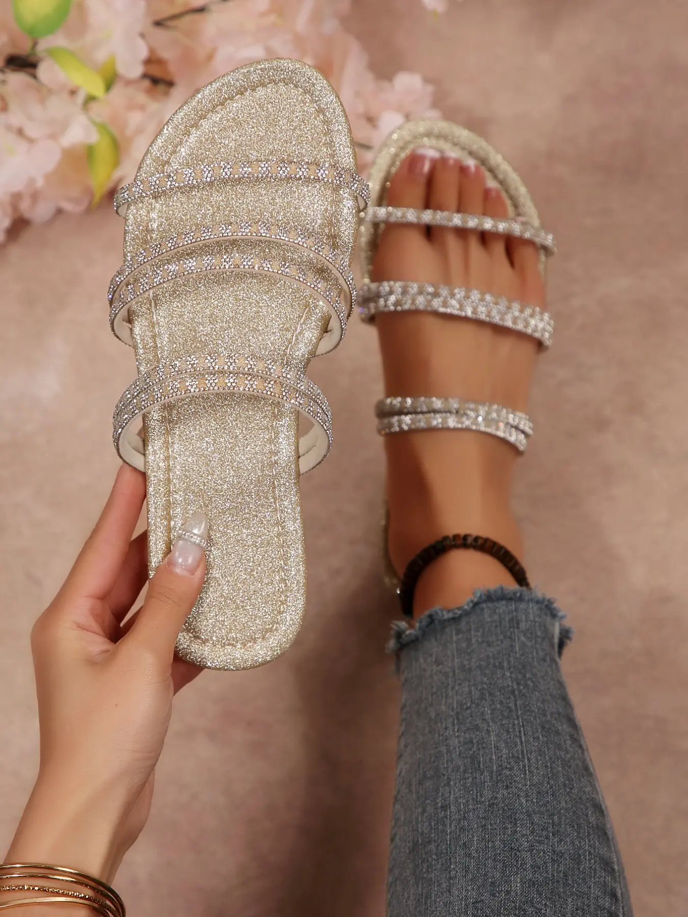 Women's Rhinestone Sandals, Glitter Sandals, Elegant Sandals, Fashionable Sandals, Casual PU Material Flat Shoes, Anti-Slip Soft Sole Beach Slippers, Perfect for Dating & Shopping