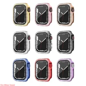 Double Row Rhinestone PC Integrated Case, Tempered Glass Full Protective Shell Compatible with Apple Watch 7, Hard Shockproof Decorative Bumper for Daily Casual Wear